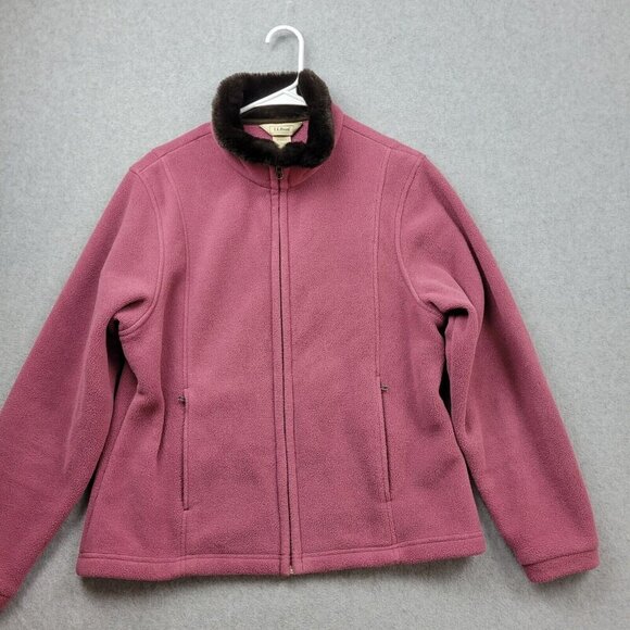 LL Bean Fleece Womens Medium Soft Cozy Jacket 0WK62 Fur Accent Collar Co… - Picture 1 of 10